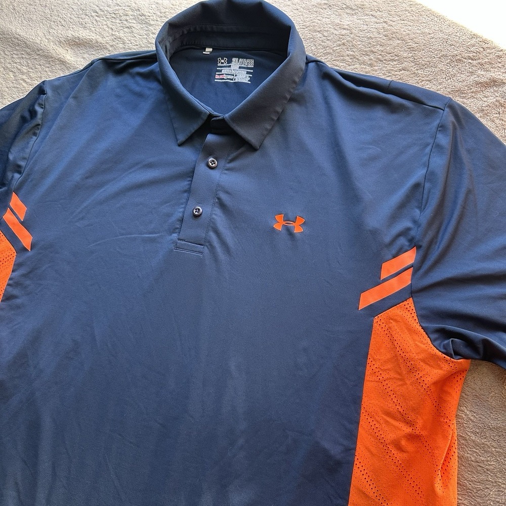 UNDER ARMOUR Men's Loose HeatGear Golf Polo Shirt Navy Blue Orange 2XL